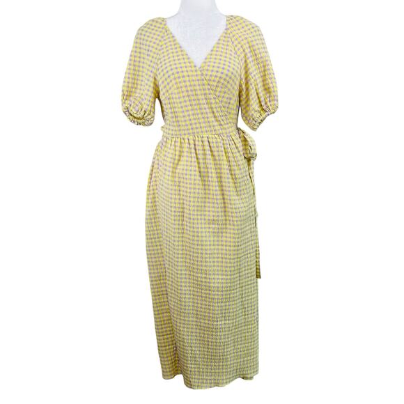 Topshop Seersucker Yellow Gingham Check Short Sleeve Wrap Midi Dress 8/LG NWT - Picture 1 of 13